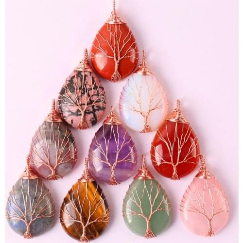 Tigereye/Carnelian/Opal/Quartz/Green Aventurine/Purple Crystal/Labradorite Handmade Wire Wrap GEM Pendant Teardrop Jewelry