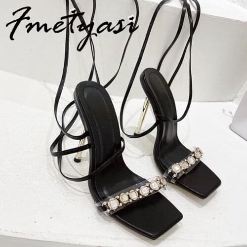 Pumps Women PVC Transparent Crystal Designer Summer Fashion Square Toe Ankle Strap Lace-up Thin High Heels Shoes Sexy