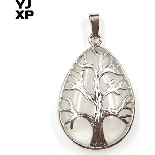 YJXP Trendy Tree of Life Pendants Silver Plated Water Drop Natural Rock Crystal Teardrop Shape Pendant Plant Pattern Jewelry