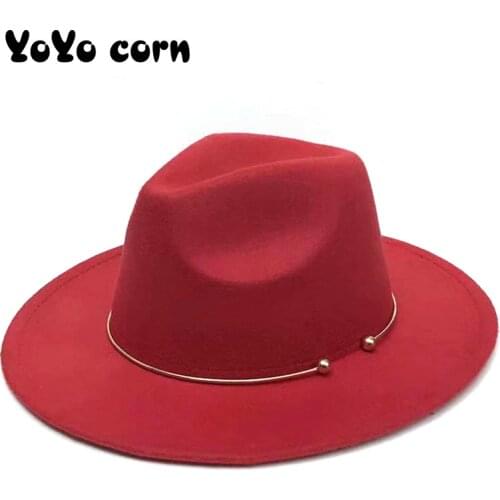 YOYOCORN Wool Fedora Warm Jazz Hat Chapeau Femme feutre Panaman hat Felt Women Fedora Hats with Pearls Belt Vintage Trilby Caps