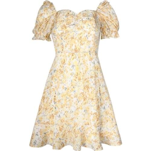 Square Collar Yellow Mini Dress Short Sleeve Sweet Floral Printed Dress Beach Elegant Ruffles Dress Korean 2021 Summer