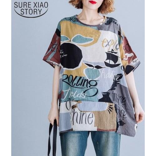 2021 Large Size Matching Printed Short Sleeve T-shirt Female Summer Loose Women Top O-neck Plus Size Cotton Ladies Tops 5760 50