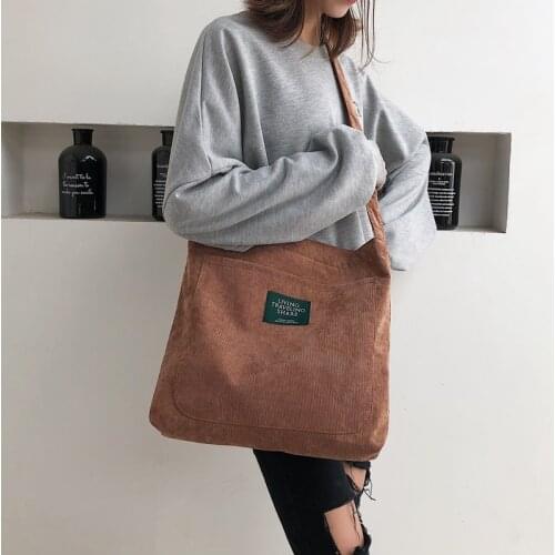 Women Corduroy Shoulder Bag Quality Canvas Crossbody Bags Simple Cloth Fabric Handbag Tote Solid Zipper Messenger Bags For Girls