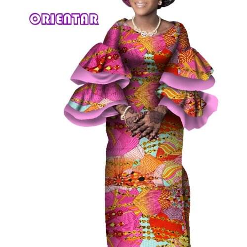 African Dresses for Women African Wax Print Flare Sleeve Robe Africaine Maxi Dress Lady Long Party Dress African Clothes WY7861