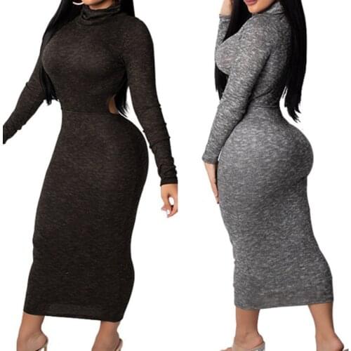Women’s Casual Long-sleeved Dress Fashion Solid Color Hollow Backless Skinny Long Dress Spring Autumn
