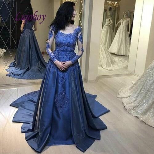 Royal Blue Long Sleeve Lace Evening Dresses Party A Line Plus Size Women Ladies Prom Formal Evening Gowns Dresses