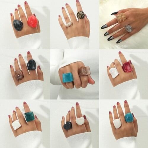 2pcs/set Exaggeration Geometric Big Resin Acrylic Ring For Women Colorful Glitter Transparent Gold Foil Bear Finger Ring Jewelry