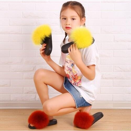 2020 New Kids Real Fox Slippers Raccoon Slides Beach Slippers Chinelos Menina Slippers Girl Slippers For Children EU29-35