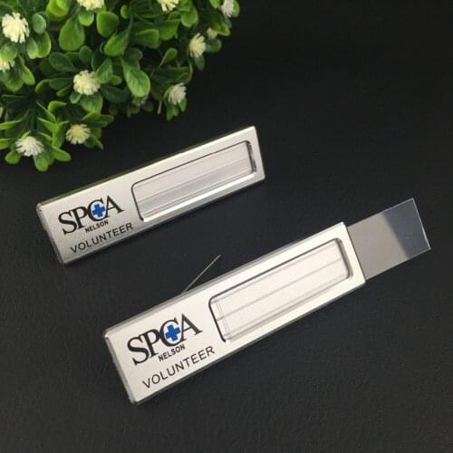 50pcs/lot custom 7*2CM staff badge aluminium alloy reusable name tag ID chest badge pin brooch UV print badge