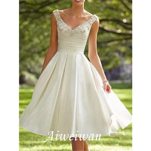 A-Line Wedding Dresses V Neck Knee Length Taffeta Sleeveless Vintage 1950s with Beading 2021