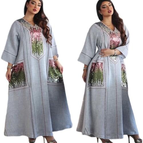 Abaya Muslim Sequins Long Dress For Women Long Sleeve Maxi Robe Luxury Party Evening Loose V-neck Casual Malaysia Turkish Gown