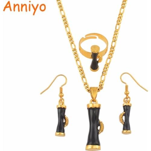 Anniyo Black Enamel Drum Papua New Guinea Ethnic Necklaces Earrings Ring sets for Women PNG Kundu Jewelry Party Gifts #139806