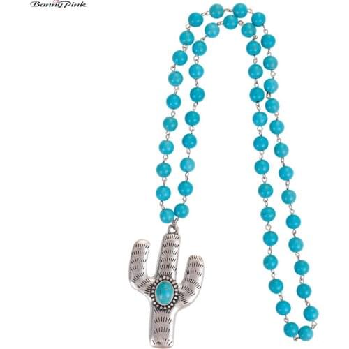 Banny Pink New Hope Big Cactus Pendant Necklace For Women Bohemia Round Stone Beads Statement Long Necklace Ethnic Sweater Chain