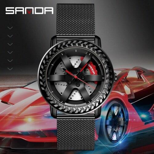 SANDA Men Rim Hub Watch Custom Design Sports Car Stainless Mesh Racing Wheel Rim Hub Quartz Waterproof Man Watch Reloj masculino