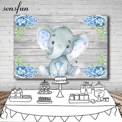 Sensfun Gray Wood Elephant Baby Shower Photography Backdrop Blue Flower Boys Newborn Birthday Party Backgrounds 7x5ft