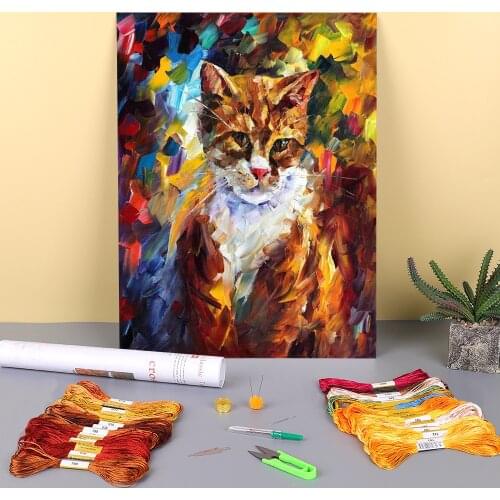 Oil Painting Style Cat Printed Fabric 11CT Cross Stitch DIY Embroidery Set DMC Threads Handiwork Needlework Craft Package