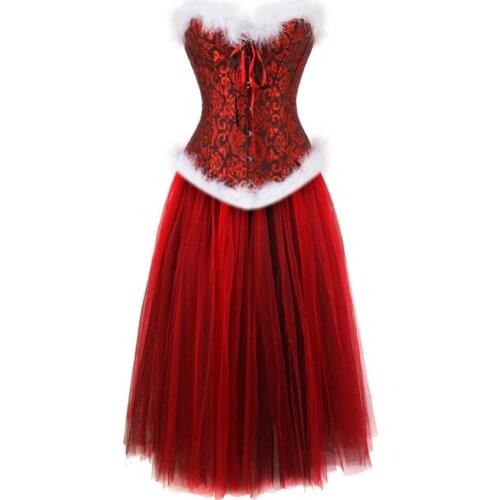 Sexy red jacquard fur overbust strapless lace up corset dress waist slim gotico party corsets&bustier dress set plus size women