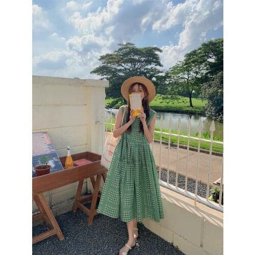 Summer dress 2021 floral all-match print zipper pleated sleeveless tide mid-length dress women