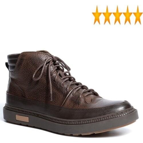 Casual New 2021 Mens Autumn Shoes Genuine Leather Cowhide Ankle Vintage Round Toe Lace-Up Platform Motorcycle Short Boots