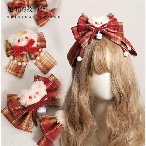 New Year Lolita Girl Red Bear Ear Hairpin Plaid Bowknot Side Clip Headband KC Headdress B1702