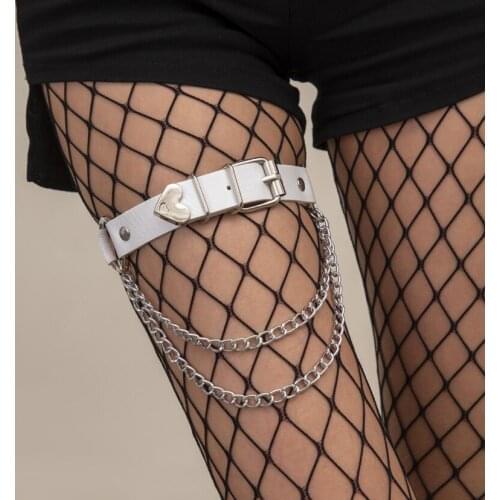 Metal silver Heart PU Leather Garter Leg Harness Women Punk Gothic Thigh Garter Leg Ring Chain tassel Harajuku Garters accessori