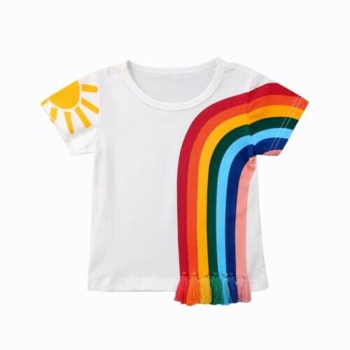 Hot Kids Baby Girls Casual Rainbow T Shirts Tassel Patchwork Cotton T-shirt Tops