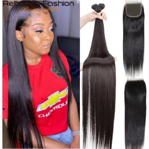 Rebecca Straight Hair Bundles With Closure 3 / 4 Bundles With Closure non remy Brazilian Human Hair Bundles With Closure 8"-30