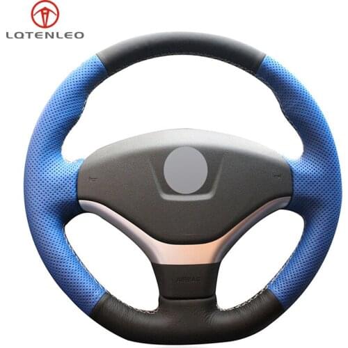 LQTENLEO Blue Black Genuine Leather DIY Hand-stitched Car Steering Wheel Cover For Peugeot 308 2012-2015 408 2013