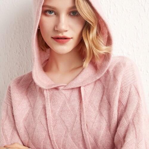 Zocept Autumn Winter Loose-Fitting Hooded Sweater Pullover 100% Wool Womens Fashion Knitted Solid Argyle Hooded Outwear Jumper