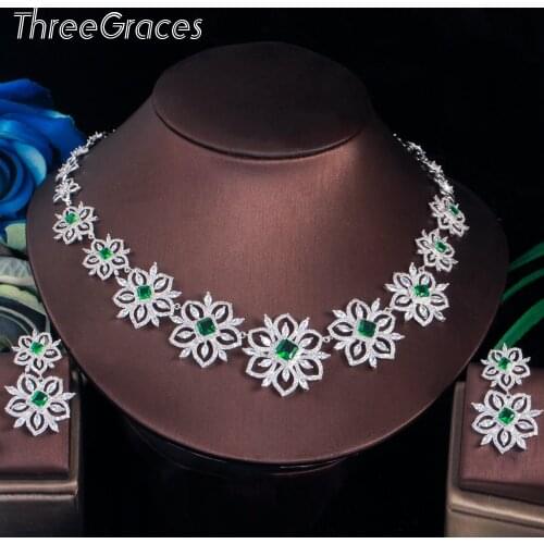 ThreeGraces Beautiful Green CZ Crystal Silver Color Big Dangle Flower Shape Bridal Wedding Evening Jewelry Set for Women TZ593