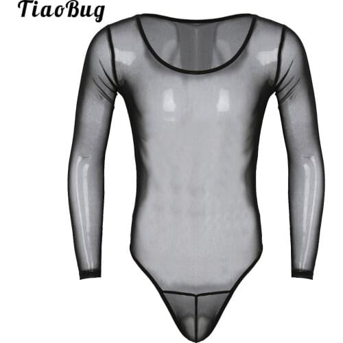 TiaoBug Mens One-Piece See Through Mesh Long Sleeve Scoop Neck High Cut Jumpsuit Bodysuit Lingerie Nightwear