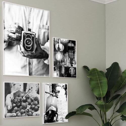 Vintage Street Scooter Poster Black White Hands with Camera Fruit Wall Art Canvas Painting Modern for Living Room wall decor