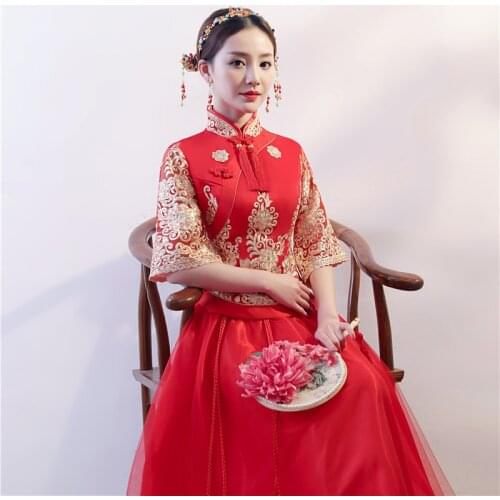 Vintage Cheongsam Chinese Style Bride Wedding Dresses Mesh Embroidery Red Chinese Traditional Qipao Oriental Evening Dresses