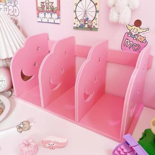 High Capacity Creative Wooden Moon Star Bookends Book Support Stand Desk Organizer Pink Storage Holder Shelf Girl Gift