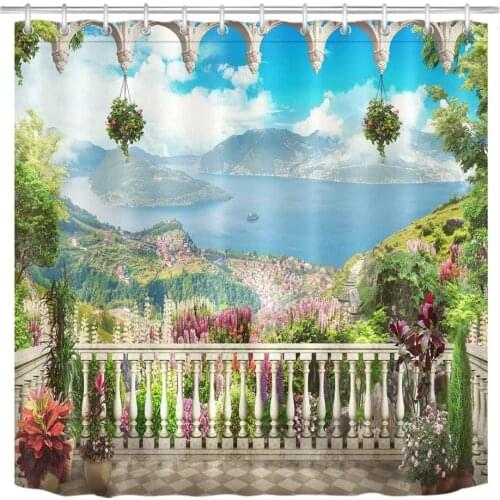 3D fantasy print European garden balcony shower curtain set flower lake scenery bathroom curtain hook with European waterproof d