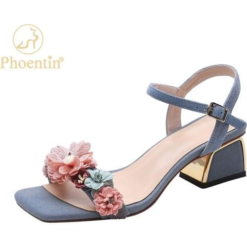 Phoentin Fashion Sweet Flowers Decoration Women Sandals summer Square Toe High Heels Elegant sheep Suede Party Shoes FT1590