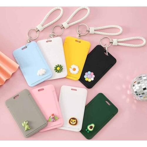 Women Business Working Bank Credit Card Holder Students Bus ID Badge Card Cover Case with Hand Rope Candy Color Flower Printed