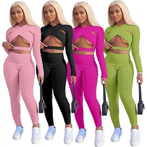 Solid Color Sexy Cross Hollow Out Sports Two Piece Sets for Women Long Sleeves Ankle Length High Waist Wholesale Dropshipping