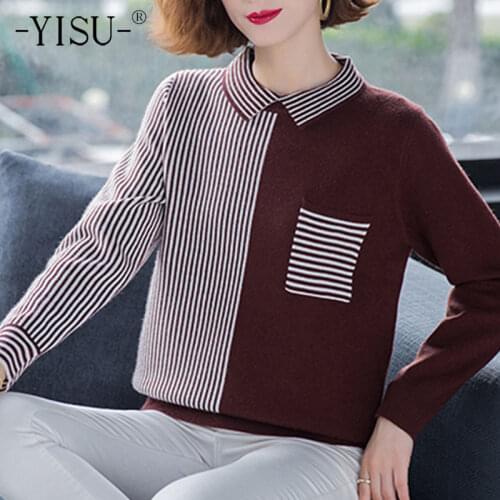 YISU Women Winter Sweater Turn-down collar Winter tops Long sleeve Warm Casual Female Jumper Fashion Stripe Knitted pullover