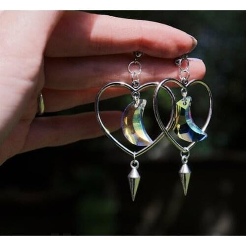 1 Pair Silver Color Faceted Glass Moon & Heart Pointed Stud Ornament Earrings Celestial Jewellery