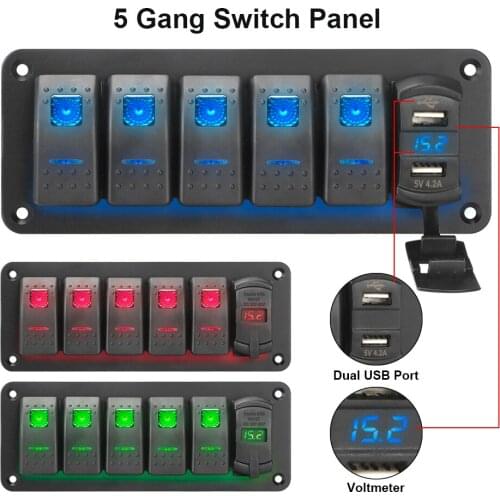 For Marine Car Truck 5 Gang Rocker Switch Panel Dual USB Port Digital Voltage Display 4.2A Outlet Combination Waterproof