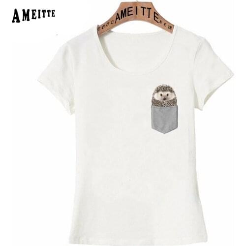 AMEITTE The Hedgehog In Pocket Print T-Shirt Summer Women T-shirt Funny Animal Design Casual Tops Girl Tees Fashion Short Sleeve