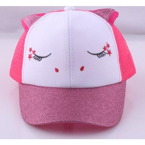 Kids Baseball Cap for Girl Cute Mesh Snapback Cap with Ears Pink White Trucker Hat Glitter Brim 2 To 8 Years Head 54cm