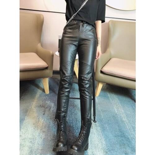 Female Real Sheepskin Leather Pants Korean Slim Womens Trousers Pencil Pants Women High Waist Pants Donna Pantaloni Zjt928