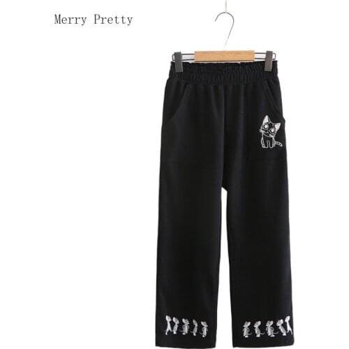 Cartoon Animal Cat Embroidery Wide Leg Pants For Women Elastic Waist Pocket Full Length Pants Sweet Girl Harakuju Cute Trousers