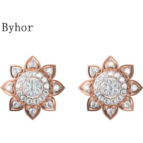 Byhor Solid 14K White/Yellow+White/Rose+White Gold 0.793ct H/SI Natural Diamond Flower Stud Earrings Women Cерьги Fine Jewelry
