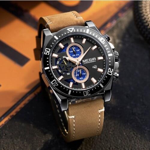 MEGIR Big Dial Chronograph Watches for Men Leather Strap Sport Army Military Man Watch Quartz Wristwatch Clock Relogio Masculino