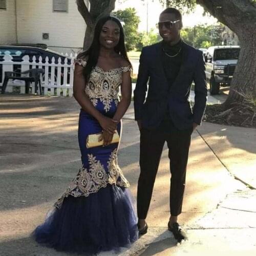 Black Girl African Mermaid Evening gown 2019 prom Dresses with Lace Applique Off Shoulder Prom Dress Tulle Trumpet Party Gowns