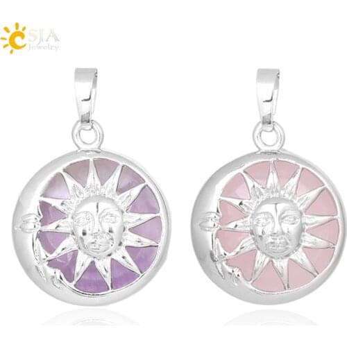 CSJA Moon Sun God Pendant for Necklace Amulets Silver Color Box Natural Stone Round Beads Crystal Quartz Women Men Jewelry F371