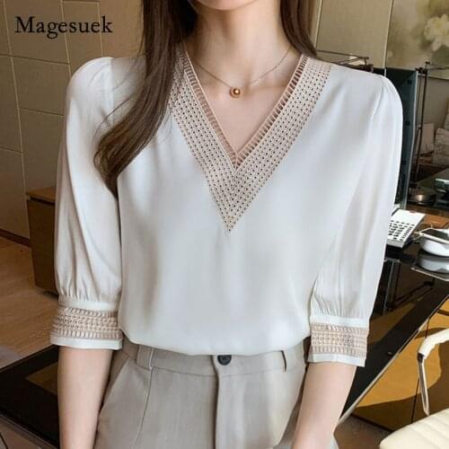 Elegant Loose Short Sleeve Tops V-Neck Women Blouses White Embroidery Long Sleeve Chiffon Shirt Blusas Mujer De Moda 2021 13366
